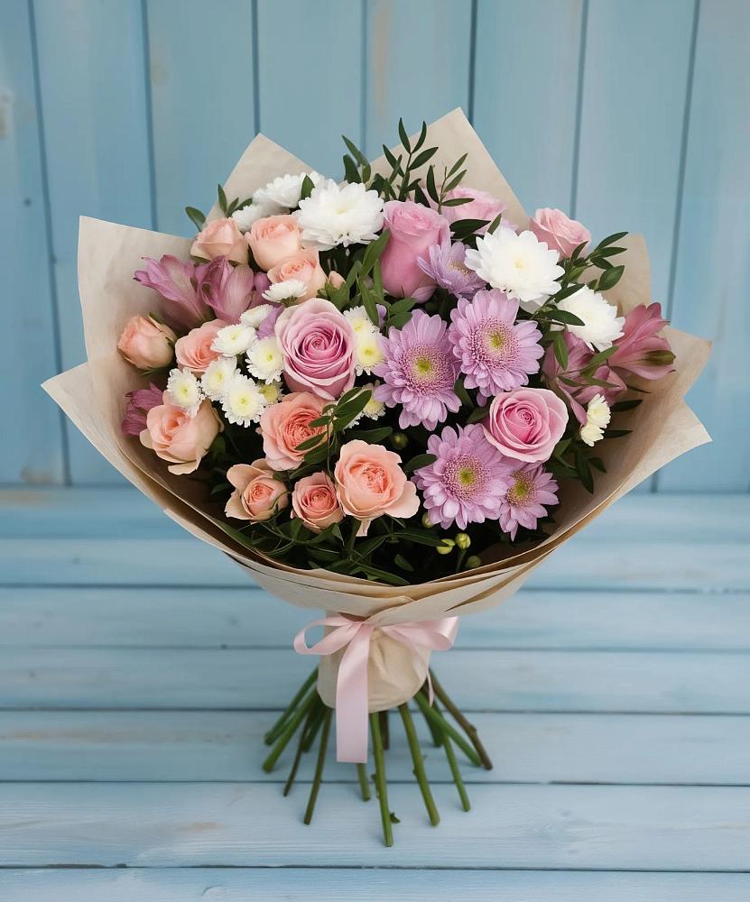 Букет цветов из: Хризантемы, Розы и Альстромерии в Плесе