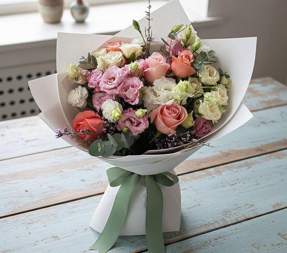 Букет цветов из: Розы, Лизиантусы и Гвоздики в Плесе