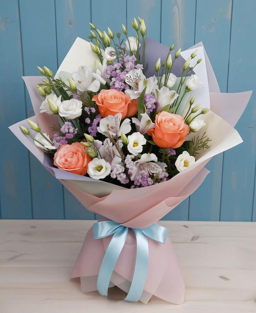 Букет цветов из: Лизиантусы, Розы, Альстромерии и Гипсофила в Плесе