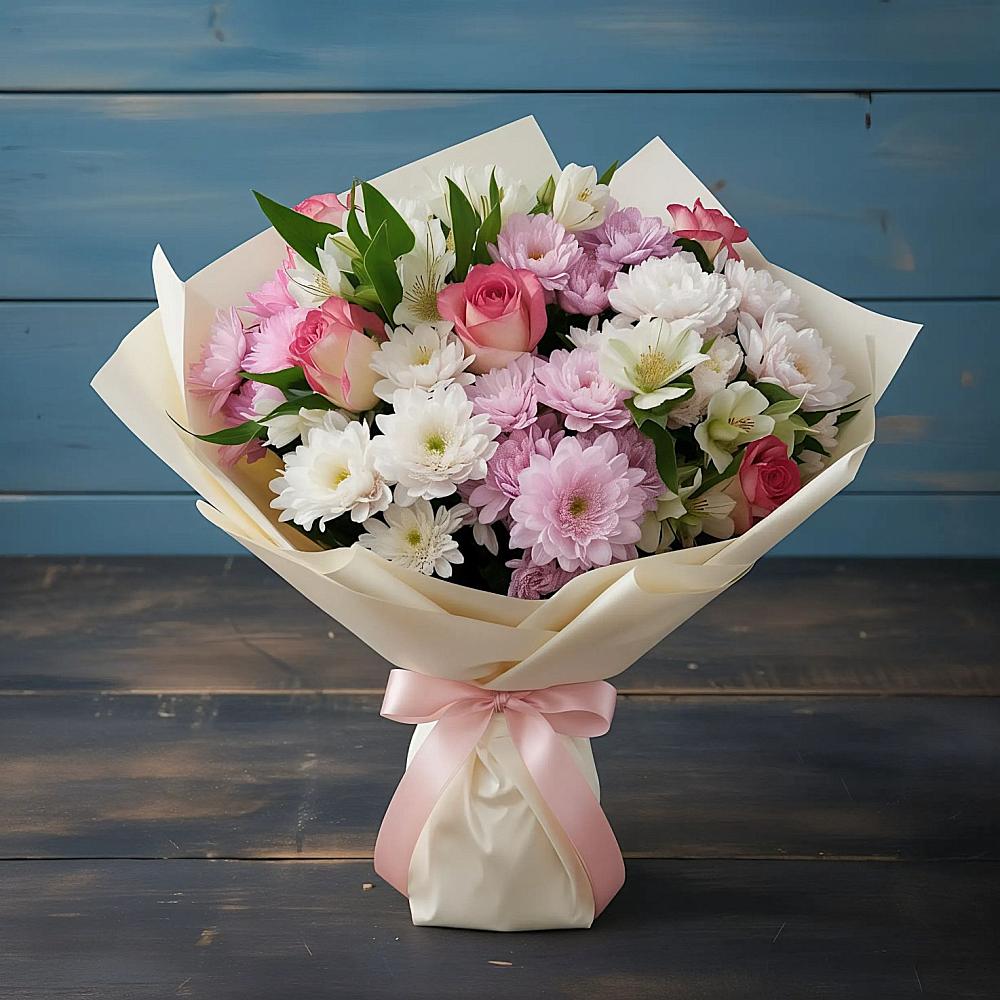 Букет цветов из: Хризантемы, Альстромерии и Розы в Плесе